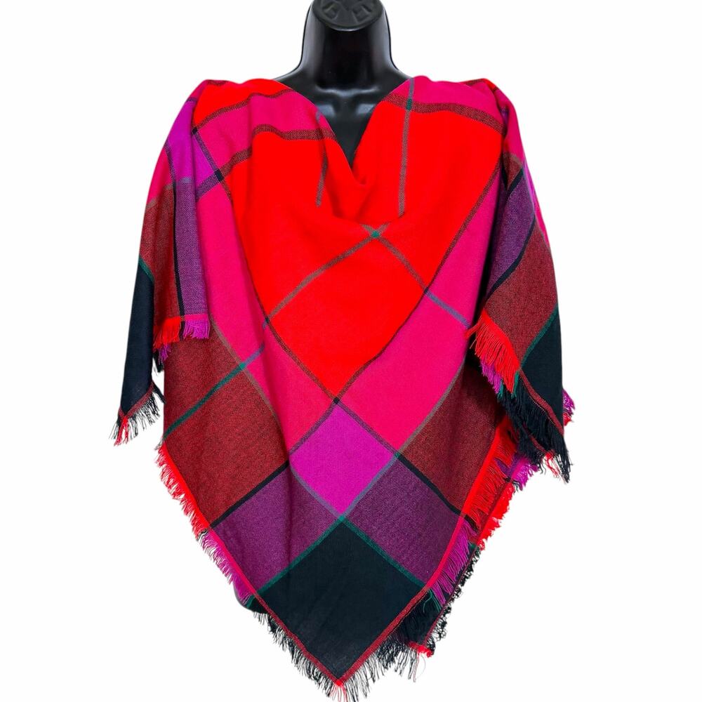 Vintage Plaid Square Scarf Cape Wrap Poncho Pink Red Fringe 80s 90s Tartan
